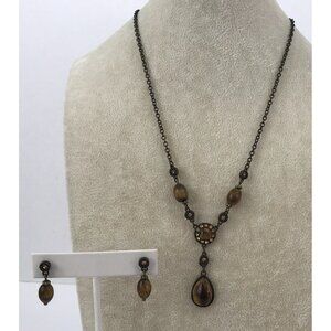 Vintage AVON Tiger Eye Y Necklace and Earrings Set